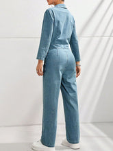 Load image into Gallery viewer, Half Button Long Sleeve Straight Leg Denim Jumpsuit