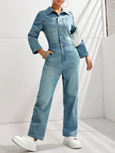 Load image into Gallery viewer, Half Button Long Sleeve Straight Leg Denim Jumpsuit