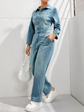 Load image into Gallery viewer, Half Button Long Sleeve Straight Leg Denim Jumpsuit