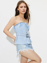 Load image into Gallery viewer, Buttoned Raw Hem Tube Denim Top
