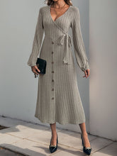 Load image into Gallery viewer, Perfee Ribbed Tied Surplice Long Sleeve Dress