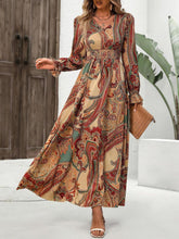 Load image into Gallery viewer, Smocked Printed V-Neck Flounce Sleeve Dress