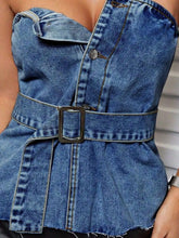 Load image into Gallery viewer, Buttoned Raw Hem Tube Denim Top