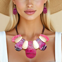 Load image into Gallery viewer, Bib Fuchsia Shades Teardrop Brown Cord Necklace