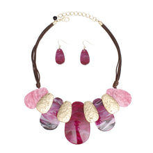 Load image into Gallery viewer, Bib Fuchsia Shades Teardrop Brown Cord Necklace