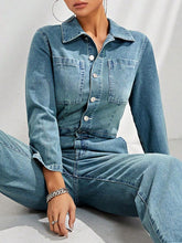 Load image into Gallery viewer, Half Button Long Sleeve Straight Leg Denim Jumpsuit
