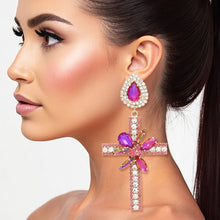Cargar imagen en el visor de la galería, Drop Long Formal Purple Crystal Cross Earrings