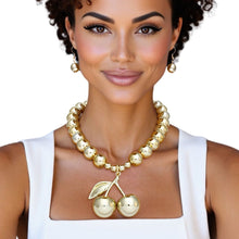 Cargar imagen en el visor de la galería, Pendant Glossy Gold Bead Coquette Cherry Necklace