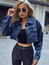 Cargar imagen en el visor de la galería, Distressed Raw Hem Collared Neck Long Sleeve Denim Top