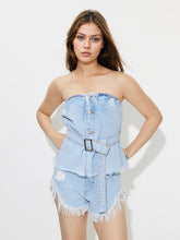 Load image into Gallery viewer, Buttoned Raw Hem Tube Denim Top