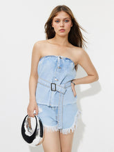 Load image into Gallery viewer, Buttoned Raw Hem Tube Denim Top