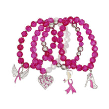 Cargar imagen en el visor de la galería, Breast Cancer Pink Glass Bead Angel 4 Pc Bracelets