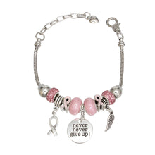 Cargar imagen en el visor de la galería, Breast Cancer Silver Never Give Up Charm Bracelet