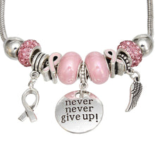Cargar imagen en el visor de la galería, Breast Cancer Silver Never Give Up Charm Bracelet