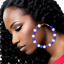 Load image into Gallery viewer, ZPB Sorority Blue White Pearl Hoops for Women