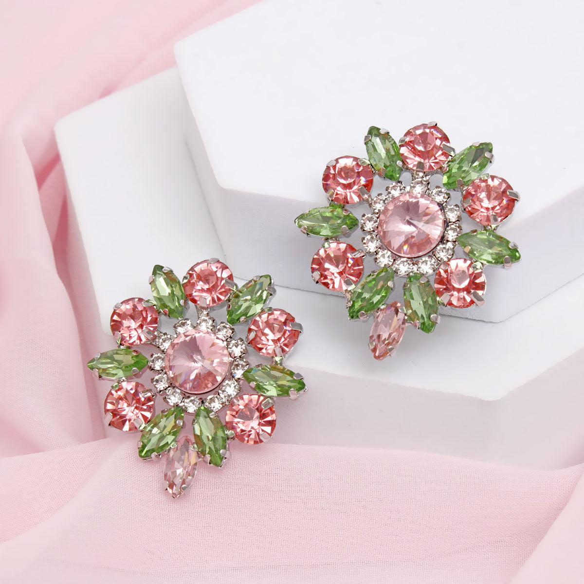 AKA Studs Pink Green Crystal Rounded Earrings