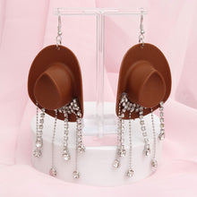 Load image into Gallery viewer, Fish Hook Brown Cowgirl Hat Fringe Earrings