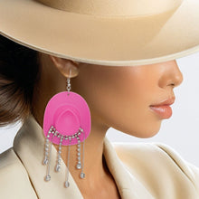 Load image into Gallery viewer, Fish Hook Fuchsia Cowgirl Hat Fringe Earrings