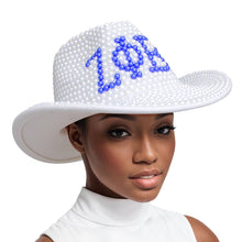 Load image into Gallery viewer, ZPB Sorority White and Blue Pearl Fedora Hat Women