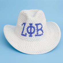 Load image into Gallery viewer, ZPB Sorority White and Blue Pearl Fedora Hat Women