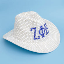 Load image into Gallery viewer, ZPB Sorority White and Blue Pearl Fedora Hat Women