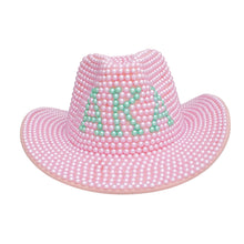 Load image into Gallery viewer, AKA Sorority Pink and Green Pearl Fedora Hat Women