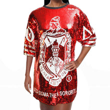 Load image into Gallery viewer, DST Sorority Red and White Sequin Jersey Shirt