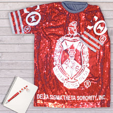 Load image into Gallery viewer, DST Sorority Red and White Sequin Jersey Shirt