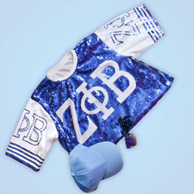 Load image into Gallery viewer, ZPB Sorority Blue and White Sequin Jersey Shirt