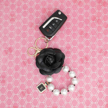 Load image into Gallery viewer, Keychain Black Camellia Pearl Wristlet Bag Clip