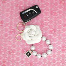Load image into Gallery viewer, Keychain White Camellia Pearl Wristlet Bag Clip