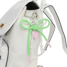 Load image into Gallery viewer, AKA White Pearl and Green Cord Bows Heart Bag Clip