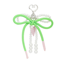 Load image into Gallery viewer, AKA White Pearl and Green Cord Bows Heart Bag Clip