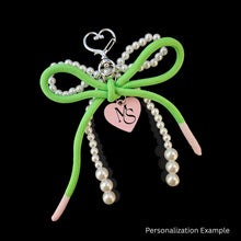 Load image into Gallery viewer, AKA White Pearl and Green Cord Bows Heart Bag Clip