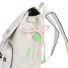 Load image into Gallery viewer, AKA White Pearl and Pink Cord Bows Heart Bag Clip