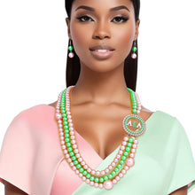 Load image into Gallery viewer, AKA Sorority Pink Green Pearl Long Brooch Necklace