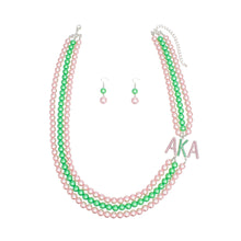 Load image into Gallery viewer, AKA Sorority Pink Green Long 3 Row Brooch Necklace