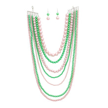 Load image into Gallery viewer, AKA Sorority Pink Green Pearl Long 7 Row Necklace