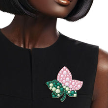 Load image into Gallery viewer, AKA Sorority Pink Green Ivy Leaf Wood Bling Brooch