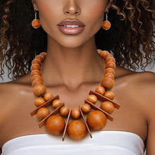 Cargar imagen en el visor de la galería, Bib Chunky Brown Wood Geometric Bead Necklace