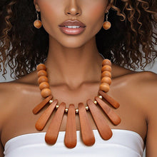 Cargar imagen en el visor de la galería, Bib Refined Tribal Brown Wood Curved Bead Necklace