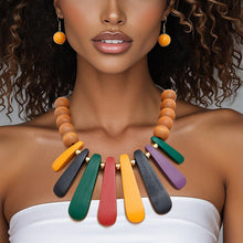 Cargar imagen en el visor de la galería, Bib Refined Tribal Multi Wood Curved Bead Necklace