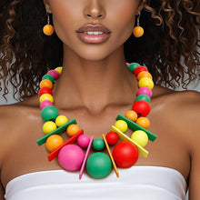 Cargar imagen en el visor de la galería, Bib Chunky Rainbow Wood Geometric Bead Necklace