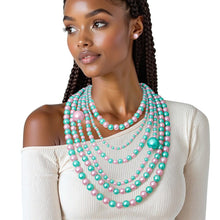 Cargar imagen en el visor de la galería, AKA Pink Green Pearl Long Layers 6 Strand Necklace