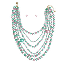 Cargar imagen en el visor de la galería, AKA Pink Green Pearl Long Layers 6 Strand Necklace