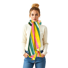 Cargar imagen en el visor de la galería, AKA Pink Green Yellow Striped Knit Scarf Women