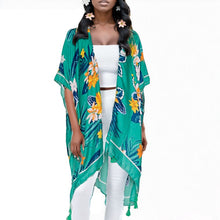 Load image into Gallery viewer, Green Tropical Floral Tassel Kimono