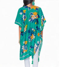 Load image into Gallery viewer, Green Tropical Floral Tassel Kimono