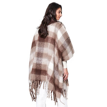 Cargar imagen en el visor de la galería, Poly Brown Plaid Long Zip Fringe Poncho for Women