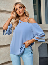 Load image into Gallery viewer, Asymmetrical Neck Sheer Striped Flare Sleeve Blouse